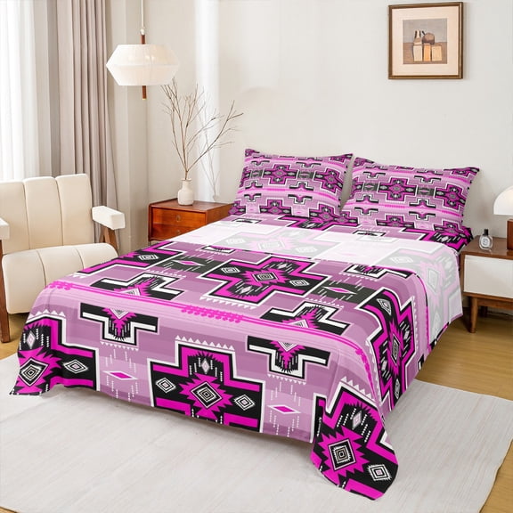Homewish Pink Tribal Aztec Bed Sheets, Boho Hippie Triangle King Sheets, Teens Kids Adult Men Women Sheet Set, Luxury Bedroom Decor, 4 Pieces