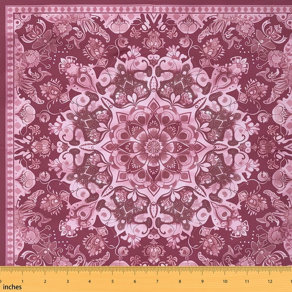 Homewish Pink Tribal Damask Fabric by the Yard 1 Yard for Adult, Bohemian Flower Floral Room Decor Fabric by the Yard, Hippie Mandala Theme Sewing Fabric, Lightweight Room Decor