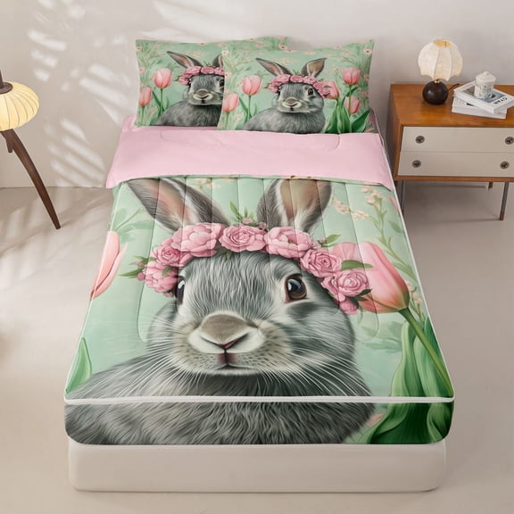 Homewish Pink Tulip Floral Zipper Twin Comforter Sets with Fitted Sheet and 2 Pillowcases,Cute Kawaii Bunny Easter Rabbit Zipper Bedding Set For Kids,Reversible,4 Pieces