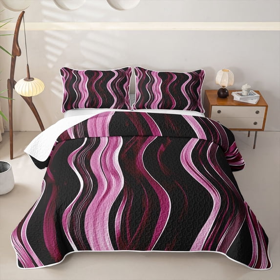 Homewish Pink Vertical Lines Bed Spread Queen,Modern Abstract Art Queen Coverlet Set,3-Piece
