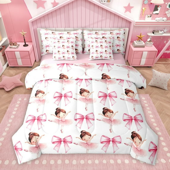 Homewish Pink Watercolor Bowknot Bedding Comforter Set 7pcs for Kid, Dreamy Fairy Tale King Bedding Sets, Cartoon Ballet Princess Reversible Bed Sheets, Microfiber Bedroom Decor