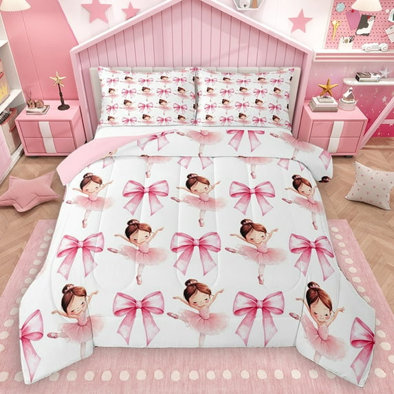 Homewish Pink Watercolor Bowknot Bedding Comforter Set for Kid, Dreamy Fairy Tale Twin Comforter Sets, Cartoon Ballet Princess Reversible Bedding Set, Microfiber Bedroom Decor, 2-Piece