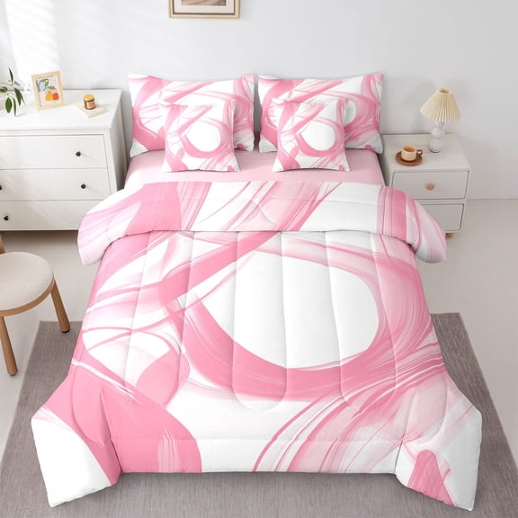 Homewish Pink Watercolor Ombre 7 Pieces Full Size Bedding Sets For Girls,Geometric Abstract Full Size Bed in a Bag,Pink Reversible