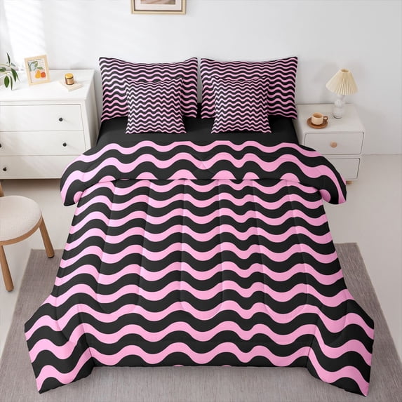 Homewish Pink Wave Stripes 7-Piece King Bedding,Abstract Modern King Bed in a Bag,Black Reversible