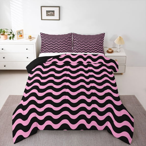 Homewish Pink Wave Stripes Full Size Comforter Sets,Abstract Modern Bedding Comforter Set,Black Reversible,3pcs,1 Comforter and 2 Pillowcases