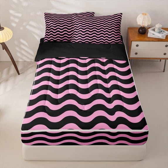 Homewish Pink Wave Stripes Zipper Queen Comforter Set with Fitted Sheet and 2 Pillowcases,Abstract Modern Zipper Bedding Set,Black Reversible,4pcs