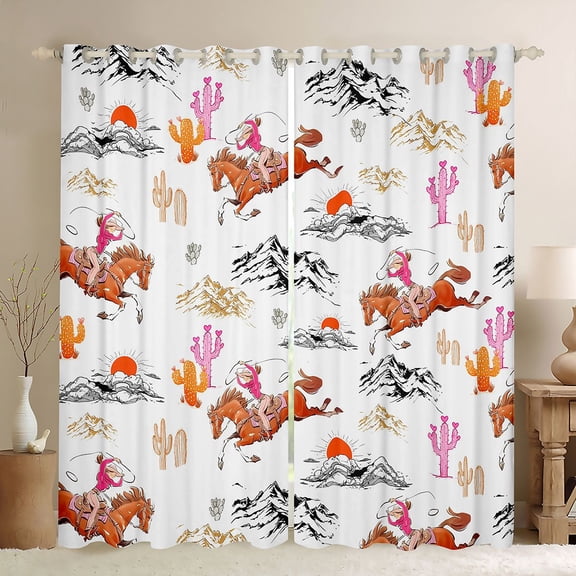 Homewish Pink Western Cowgirl Black Out Curtains for Kid, Farmhouse Horse Animal Curtains Pack of 2 (42x63 Each), Cartoon Cactus Plant Bedroom Curtains, Curtains and Drapes Decor