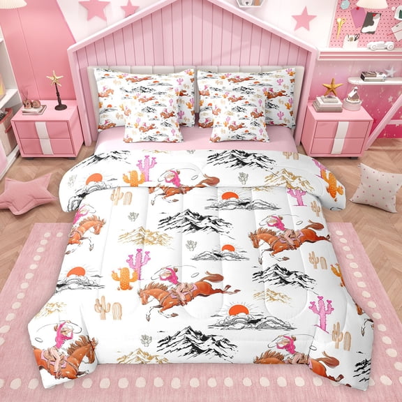 Homewish Pink Western Cowgirl Twin Bedding Sets 7-Piece for Kid, Farmhouse Horse Animal Bedding Comforter Set, Cartoon Cactus Plant Reversible Sheet Sets, Luxury Bedroom Decor