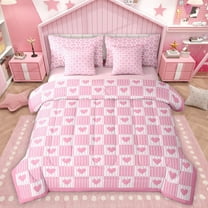 Homewish Pink White Buffalo 7-Piece Twin Bedding Sets For Children Teens Adults,Mid Century Geometric Lines Bedding Comforter Set,Love Heart Print Breathable Sheet Sets,Luxury Bedroom Decor