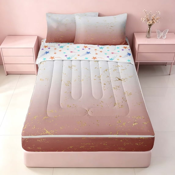 Homewish Pink White Zipper Queen Comforter Set with Fitted Sheet and 2 Pillowcases, Abstract Gradient Ombre Zipper Bedding Set