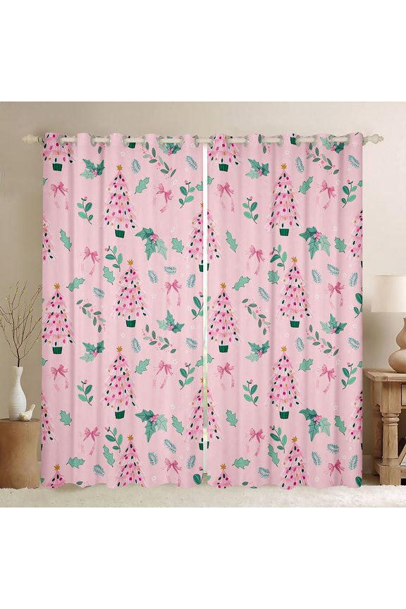 Pink Xmas Tree Curtains Pack of 2 (42x84 Each) for Girl, Fashion Princess Bowknot Curtains Blackout, Christmas Leaf Plant Bedroom Curtains, Window Curtains Bedroom Decor