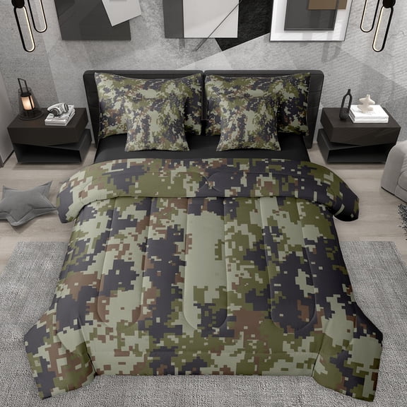 Homewish Pixel Camouflage 7pcs Bedding Comforter Set,Retro Camo Queen Bedding Sets,Black Green Queen Sheet Sets For Boy Teens,Super Cozy Room Decor Reversible