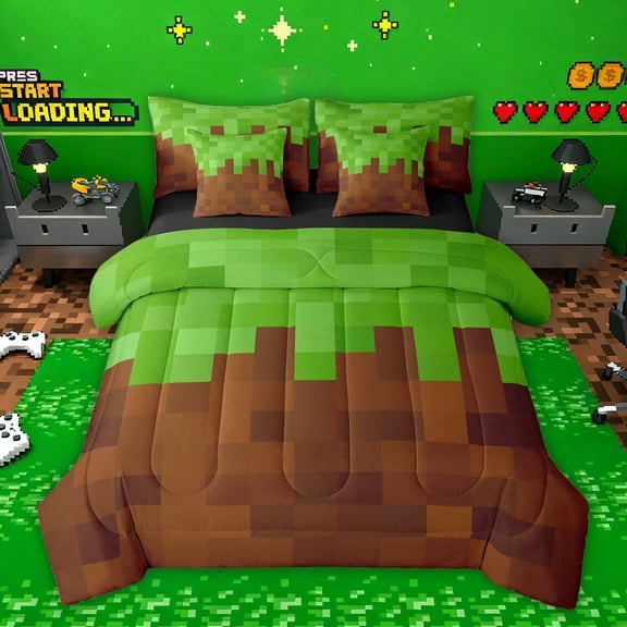 Homewish Pixel Geometric 7-Piece Bedding Comforter Set,Grid Checkered King Bedding Sets,Green Brown Bed Sheets For Girls Boys,Super Cozy Room Decor Reversible