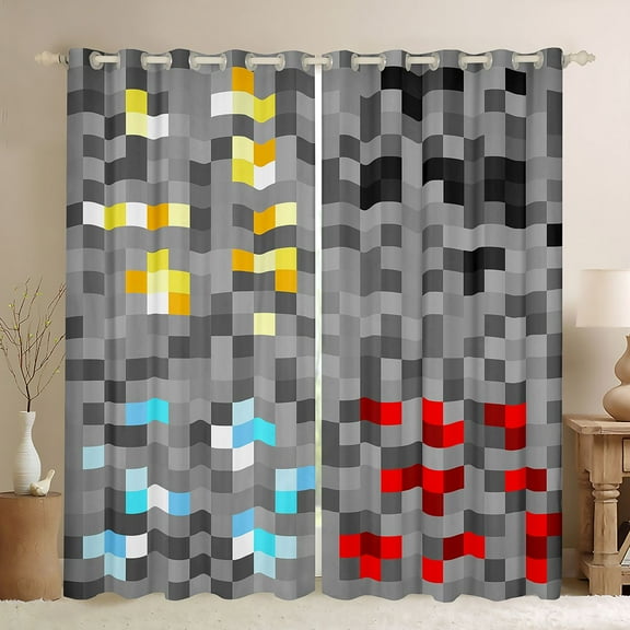 Homewish Pixelate Miner Chid Black Out Curtains, Cartoon Square Rectangle Curtains Pack of 2 (42x63 Each), Vintage Game Lover Bedroom Curtains, Window Curtains Home Decor
