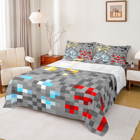 Homewish Pixelate Miner Chid Full Size Sheets, Cartoon Square Rectangle Bed Sheets, Vintage Game Lover Sheet Sets, Breathable Home Decor, 4pcs