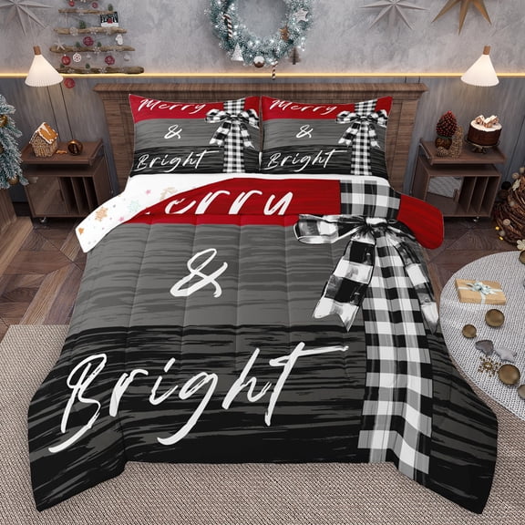 Homewish Plaid Buffalo Ribbon Queen Comforter Set for Kids, Cartoon Christmas Bowknot Bedding Sets, Grey Red Reversible Bedding Comforter Set, Lightweight Room Decor, 3pcs