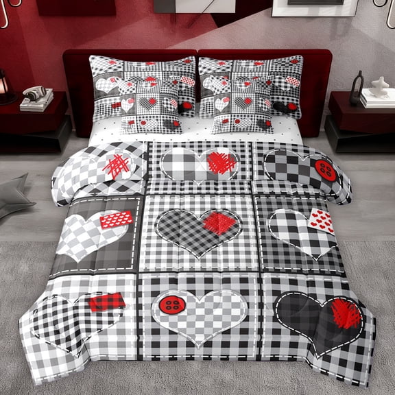 Homewish Plaid Heart Print 7-Piece Bedding Comforter Set,Happy Velantine'S Day King Bedding Sets,Modern Geometric Checkered Bed Sheets For Girls Kids,Microfiber Bedroom Decor