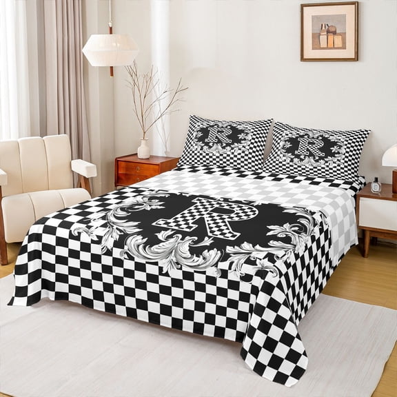 Homewish Plaid Letter R Twin Sheet Sets for Teens, Black White Monogrammed Twin Fitted Sheet, Vintage Mandala Damask Flat Sheet, Breathable Home Decor, 3pcs