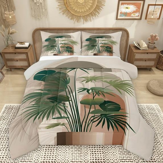 Homewish Plam Monstera Leaf Bedding Comforter Set,Modern Aesthetic Desgin Twin Comforter Sets,Green Brown Bedding Set For Adult,Luxury Bedroom Decor Reversible,2pcs