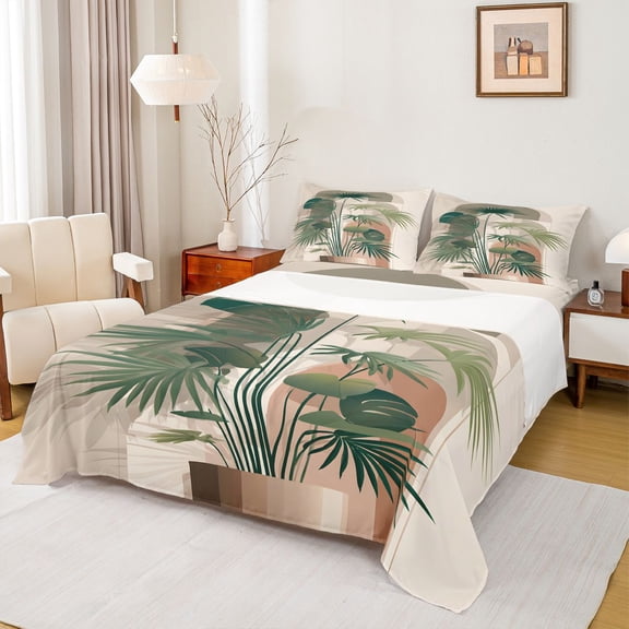 Homewish Plam Monstera Leaf Twin Sheet Sets,Modern Aesthetic Desgin Twin Fitted Sheet,Green Brown Flat Sheet For Adult,Luxury Bedroom Decor,3pcs