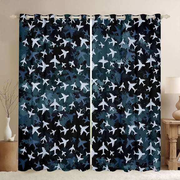 Homewish Plane Aircraft Print Black Out Curtains for Kids, Blue Camouflage Curtains Pack of 2 (42x63 Each), Cartoon Airplane Bedroom Curtains, Living Room Curtains Decor