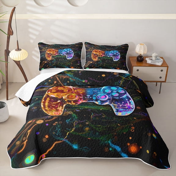 Homewish PlayStation Controller Bed Spread Queen,Game Pad Theme Queen Coverlet Set,Orange Blue,3 Pieces