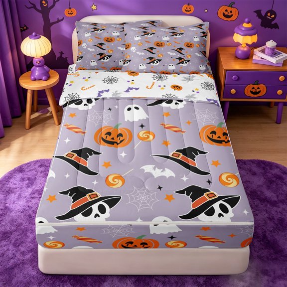 Homewish Playful Cartoon Halloween Zipper Twin Comforter Sets with Fitted Sheet and 2 Pillowcases,Witch Hat Skull Pumpkin Candy Pattern Zipper Bedding Set,Halloween Reversible,4pcs