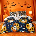 thumbnail image 1 of Homewish Playful Halloween Ghost Duvet Cover Queen,Sunflower Pumpkin Floral Print Queen Bedding,Dark Navy Orange,Halloween Reversible,3pcs,1 Duvet Cover and 2 Pillowcases, 1 of 6