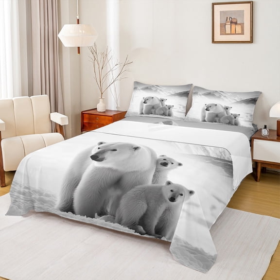 Homewish Polar Bear Family Twin Sheet Sets for Kids, Kawaii Wildlife Animal Twin Fitted Sheet, Winter Snow Mountain Flat Sheet, Microfiber Bedroom Decor, 3-Piece