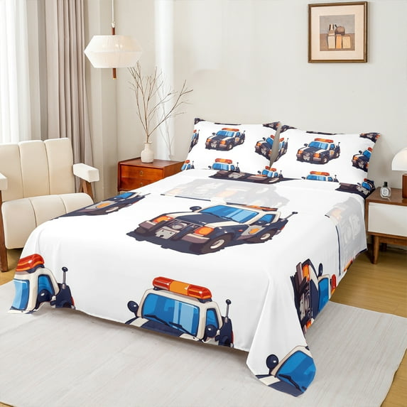 Homewish Police Car Queen Sheet Sets,Policeman Vehicle Flat Sheet,Red Blue Cop Lights Queen Fitted Sheet For Boys Teens,Breathable Home Decor,4-Piece