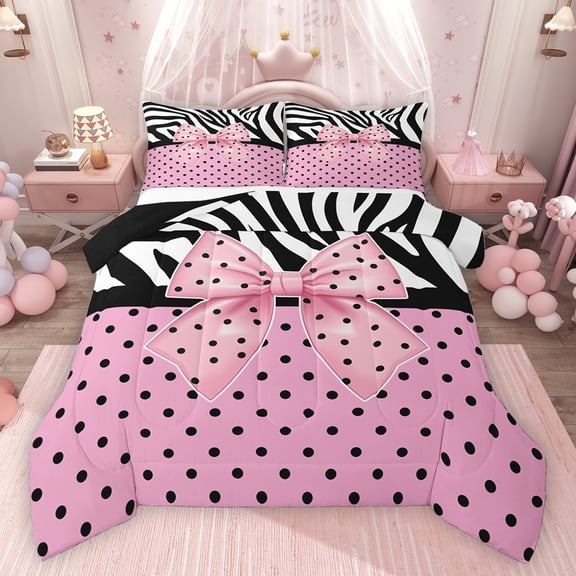 Homewish Polka Dots Bowknot Bedding Comforter Set 2pcs for Kids Teens Boys Girls,Animal Zebra Print Twin Comforter Sets Microfiber,Dreamy Princess Breathable Bedding Set,Microfiber Bedroom Decor