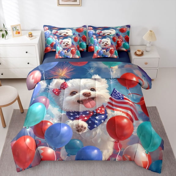 Homewish Pomeranian Dog 7-Piece Twin Bedding,4Th Of July Bedding Comforter Set,White,Balloon Decor,Navy Blue Reversible