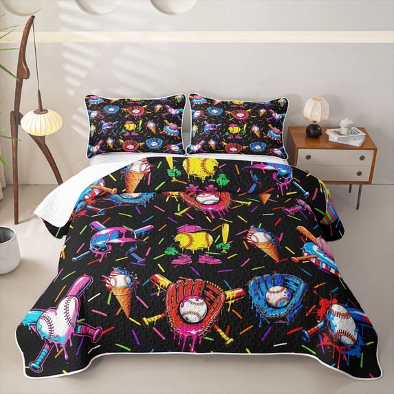 Homewish Pop Art Baseball Quilt Full, Cute Sport Full Bedspread Sets for Girls and Boys, 3-Piece, 1 Comforter and 2 Pillowcases