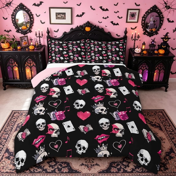 Homewish Pop Punk Spooky Skull Full Size Comforter Sets for Teens, Card Music Heart Bedding Comforter Set, Pink Reversible, 3pcs, 1 Comforter and 2 Pillowcases