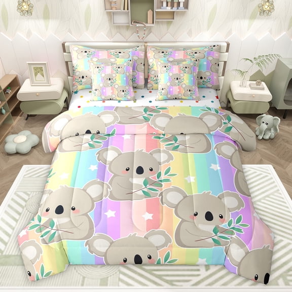 Homewish Preppy Child Cartoon Koala Bedding Comforter Set 7 Pieces,Kawaii Gradient Rainbow Full Bedding Set Lightweight,Cute Stars Animal Fitted Sheet Flat Sheet,Microfiber Bedroom Decor