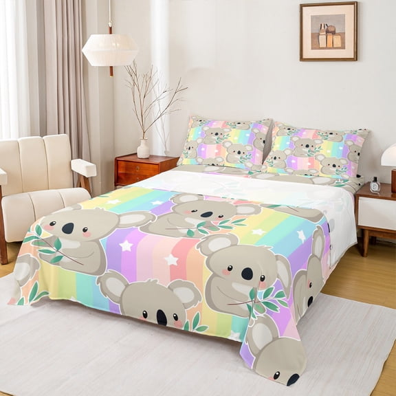 Homewish Preppy Child Cartoon Koala Twin Sheet Sets 3pcs,Kawaii Gradient Rainbow Twin Fitted Sheet Microfiber,Cute Stars Animal Breathable Flat Sheet,Microfiber Bedroom Decor
