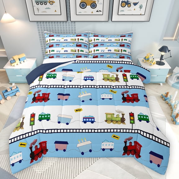 Homewish Preppy Child Colorful Railway Train Bedding Comforter Set 2pcs,Cartoon Steam Engine Twin Comforter Sets Microfiber,Kawaii Railroad Car Breathable Bedding Set,Breathable Home Decor
