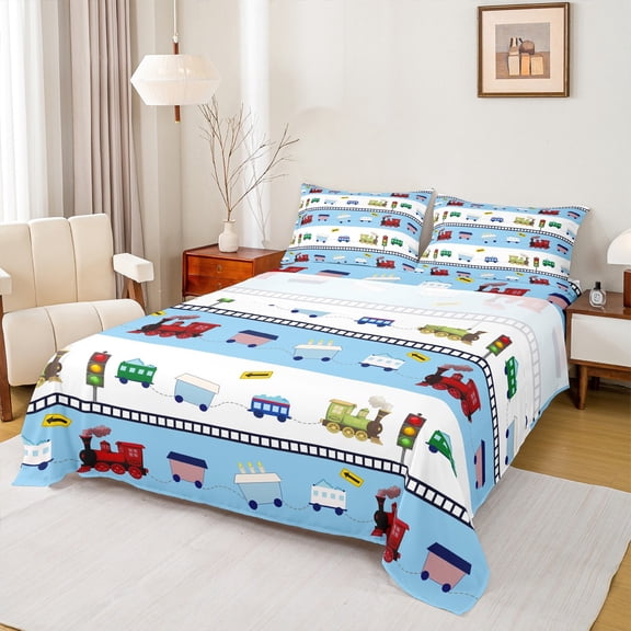 Homewish Preppy Child Colorful Railway Train Twin Sheet Sets 3pcs,Cartoon Steam Engine Twin Fitted Sheet Microfiber,Kawaii Railroad Car Breathable Flat Sheet,Breathable Home Decor