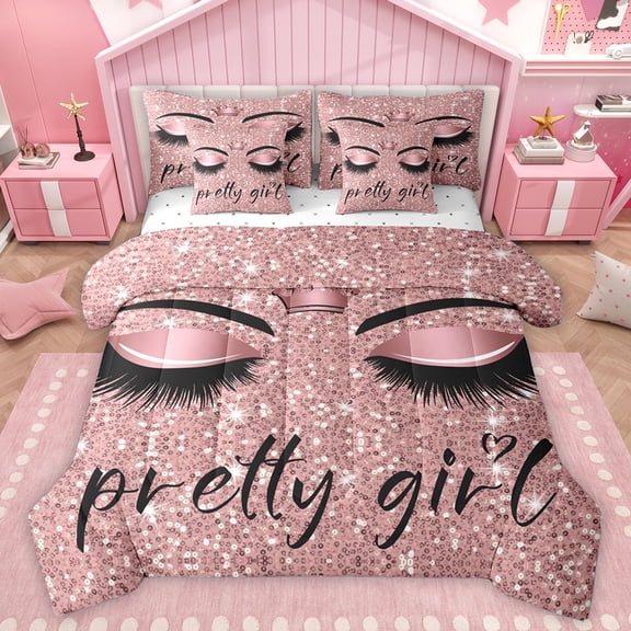 Homewish Pretty Girl 7-Piece Bedding Comforter Set,Chic Gliyyet Print King Bedding Sets,Rose Pink Bed Sheets For Kids,Ultra Soft Home Decor