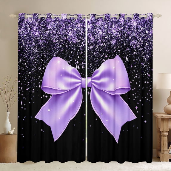 Homewish Princess Bling Bowknot Curtains Pack of 2 (42x84 Each), Dreamy Glitter Bow-tie Curtains Blackout, Black Purple Cartoon Bedroom Curtains, Window Curtains Home Decor