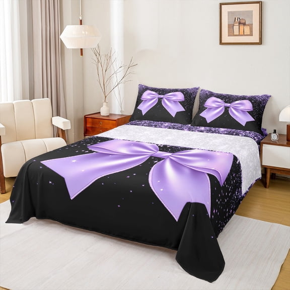 Homewish Princess Bling Bowknot Twin Sheet Sets, Dreamy Glitter Bow-tie Twin Fitted Sheet, Black Purple Cartoon Flat Sheet, Breathable Home Decor, 3pcs