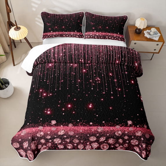 Homewish Princess Blings Quilt Full for Girls, Black Pink Full Bedspread Sets, 3 Pieces 1 Coverlet and 2 Pillowcases