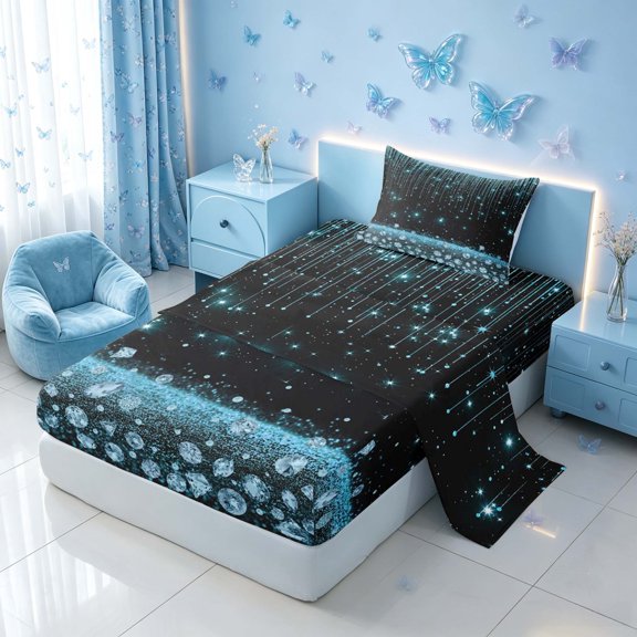 Homewish Princess Blings Twin Sheets for Girls, Black Cyan Bedding, 3 Pieces (1 Flat Sheet, 1 Fitted Sheet and 1 Pillowcase)