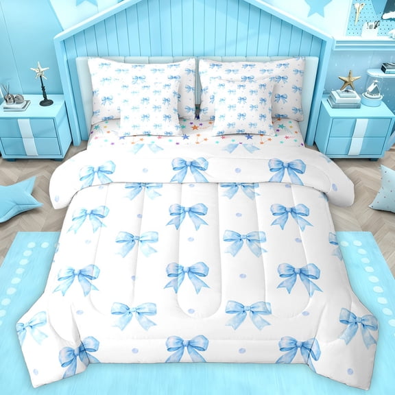 Homewish Princess Blue Bowknot Bedding Comforter Set 7 Pieces for Kids, Cartoon Watercolor Ribbon Full Bedding Set, Bow-tie Theme Reversible Fitted Sheet Flat Sheet, Lightweight Room Decor