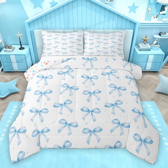 Homewish Princess Blue Bowknot Queen Comforter Set for Kids, Cartoon Cute Ribbon Bedding Sets, Bow-tie Theme Reversible Bedding Comforter Set, Breathable Home Decor, 3pcs