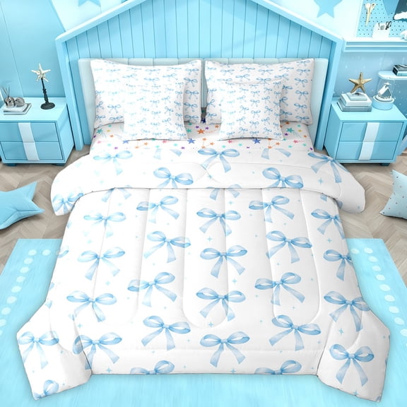 Homewish Princess Blue Bowknot Twin Bedding Sets 7-Piece for Kids, Cartoon Cute Ribbon Bedding Comforter Set, Bow-tie Theme Reversible Sheet Sets, Breathable Home Decor