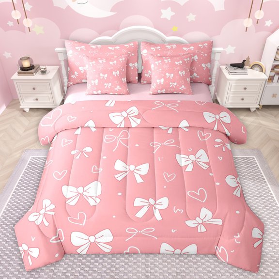 Homewish Princess Bow-tie Child Twin Bedding Sets 7-Piece, Love Heart Print Bedding Comforter Set, Kawaii Cartoon Bowknot Reversible Sheet Sets, Lightweight Room Decor