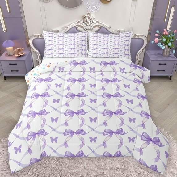 Homewish Princess Bowknot Girl Bedding Comforter Set, Kawaii Pink Butterfly Twin Comforter Sets, Cartoon Ribbon Bow Reversible Bedding Set, Ultra Soft Bedroom Decor, 2 Pieces
