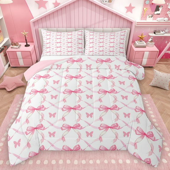 Homewish Princess Bowknot Girl Bedding Comforter Set, Kawaii Pink Butterfly Twin Comforter Sets, Cartoon Ribbon Bow Reversible Bedding Set, Ultra Soft Bedroom Decor, 2 Pieces