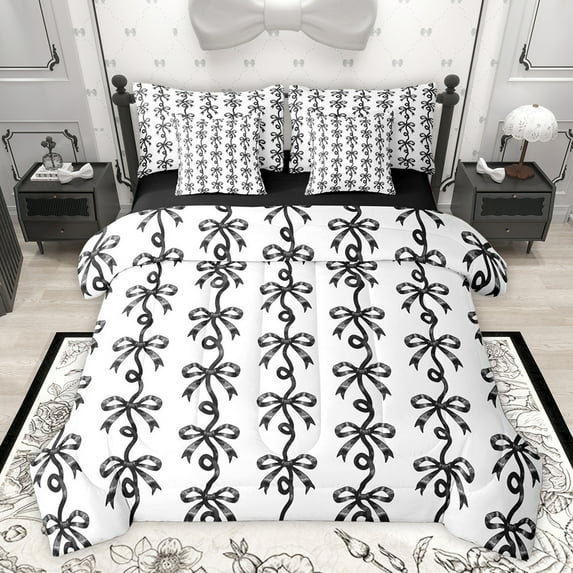 Homewish Princess Bowknot Kids Bedding Comforter Set 7pcs, Pink Watercolor Ribbon Queen Bedding Sets, Cute Bow-tie Theme Reversible Queen Sheet Sets, Lightweight Room Decor